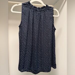 LOFT Outlet Navy Blue and White Ruffled Mandarin Collar Blouse